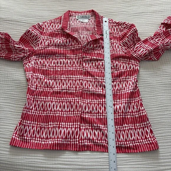 Vintage Carlisle Blouse Womens Size 14 Red White 100% Silk Tunic Button Front - Picture 7 of 8